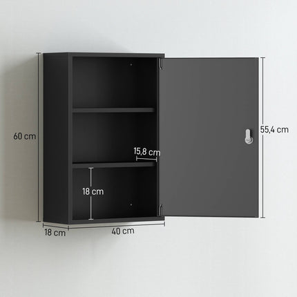 Lockable Wall Medicine Cabinet with 3 Tiers and 2 Keys, 40 x 18 x 60 cm, Black