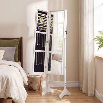 Lockable White Jewelry Cabinet with Full-Length Mirror