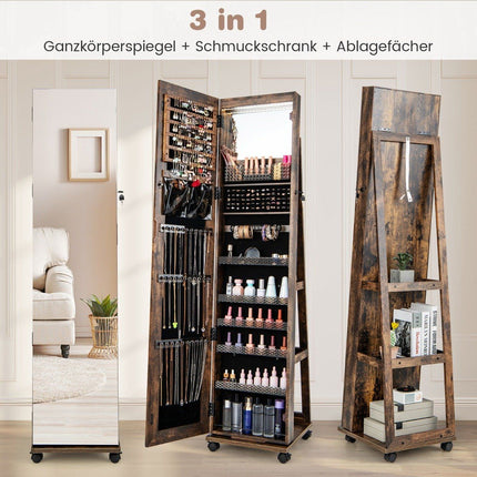 Lockable jewelry cabinet with integrated make-up mirror, adjustable shelves and coffee storage space