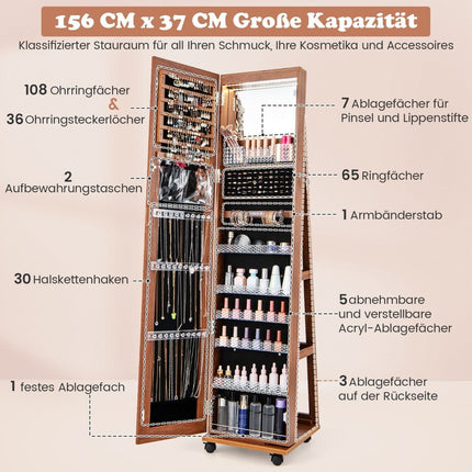 Abschließbarer Schmuckschrank mit integriertem Kosmetikspiegel, verstellbaren Einlegeböden &amp; Stauraum braun