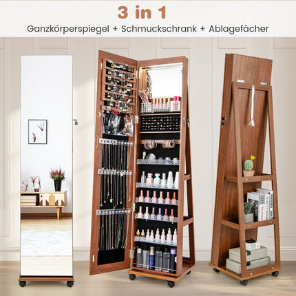 Abschließbarer Schmuckschrank mit integriertem Kosmetikspiegel, verstellbaren Einlegeböden &amp; Stauraum braun