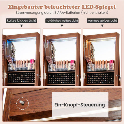 Abschließbarer Schmuckschrank mit integriertem Kosmetikspiegel, verstellbaren Einlegeböden &amp; Stauraum braun
