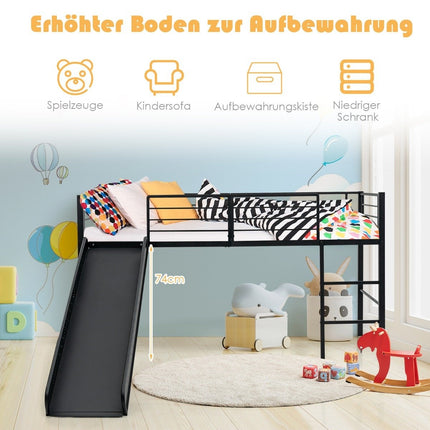 Loft Bed with Slide and Ladder for Kids, Black Steel Frame