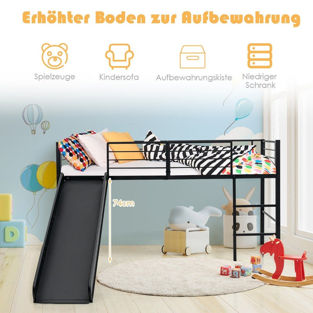 Hochbett mit Rutsche und Leiter für Kinder, schwarzer Stahlrahmen