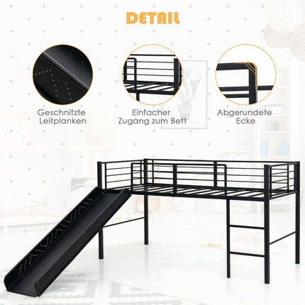 Loft Bed with Slide and Ladder for Kids, Black Steel Frame