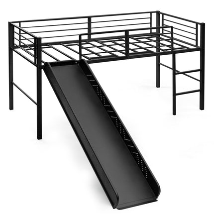 Loft Bed with Slide and Ladder for Kids, Black Steel Frame