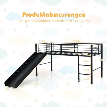 Loft Bed with Slide and Ladder for Kids, Black Steel Frame