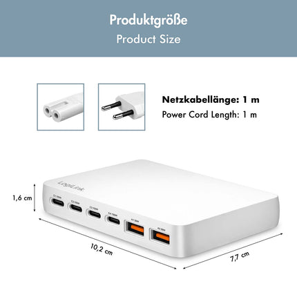 LogiLink 100W GaN Charger with 4x USB-C and 2x USB-A Ports, White, PD 3.0