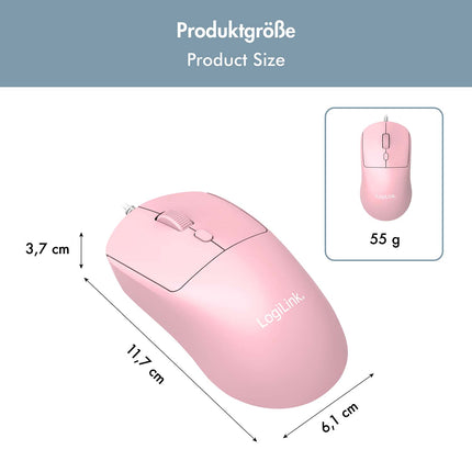 LogiLink Kids USB Mouse with 3 Buttons and Adjustable DPI, Pink, USB-A