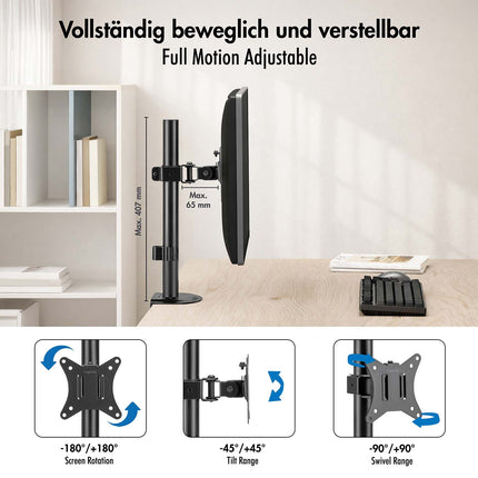 LogiLink Monitor Desk Mount for 17–32 Inch Screens, Short Arm, Up To 9 kg, Black