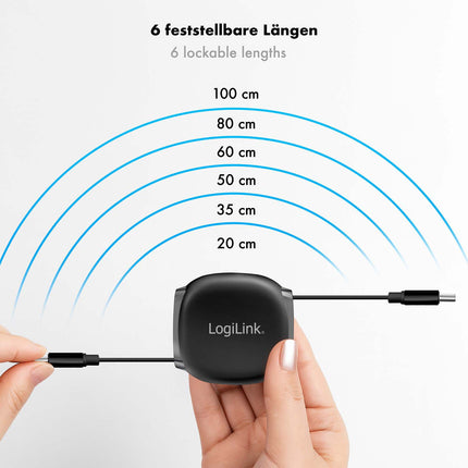 LogiLink Retractable USB-C Cable 1 m, 60W Fast Charging, Black, Magnetic Ends