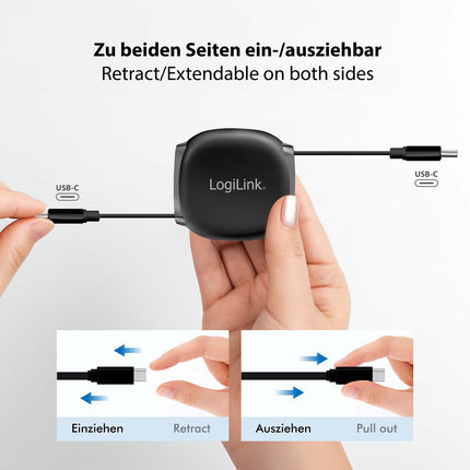 LogiLink Retractable USB-C Cable 1 m, 60W Fast Charging, Black, Magnetic Ends