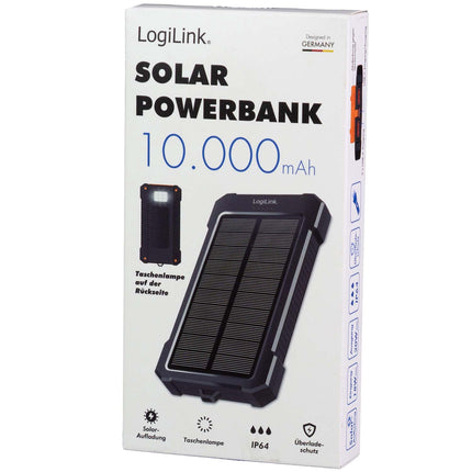 LogiLink Solar Power Bank 10,000 mAh with 20W PD, IP64, LED Flashlight, Black