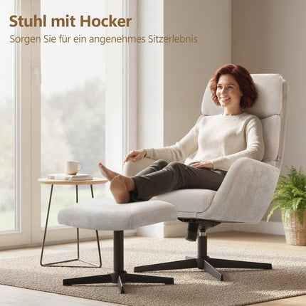 Loungesessel mit Ottoman, hoher Rückenlehne, Metallfuß, Beige
