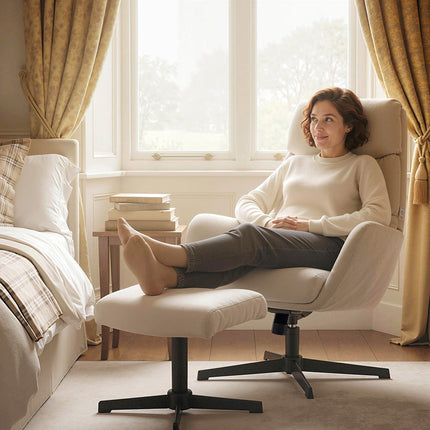 Loungesessel mit Ottoman, hoher Rückenlehne, Metallfuß, Beige