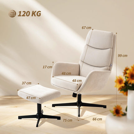Loungesessel mit Ottoman, hoher Rückenlehne, Metallfuß, Beige