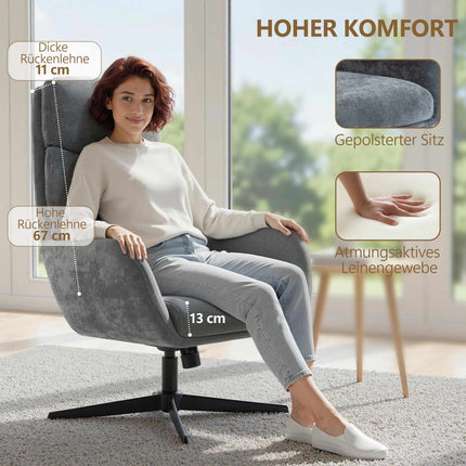 Loungesessel mit Ottoman, hoher Rückenlehne, Metallfuß, Grau