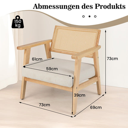 Loungesessel mit Rattan-Rückenlehne Esszimmerstuhl mit gepolsterter Sitzfläche Gepolsterter Lesesessel