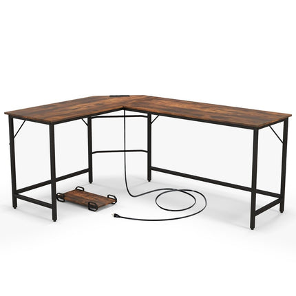 L-shaped computer desk with power outlet &amp; CPU Stand &amp; Robust metal frame corner desk brown