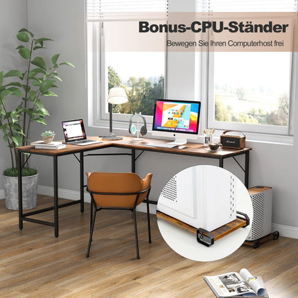 L-shaped computer desk with power outlet &amp; CPU Stand &amp; Robust metal frame corner desk brown