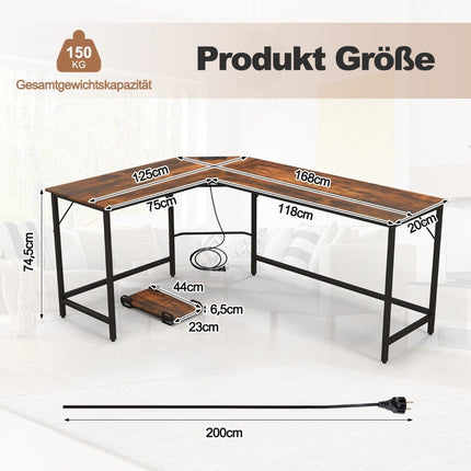 L-shaped computer desk with power outlet &amp; CPU Stand &amp; Robust metal frame corner desk brown