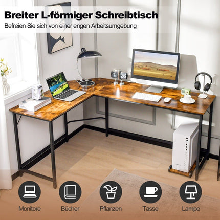 L-shaped computer desk with power outlet &amp; CPU Stand &amp; Robust metal frame corner desk brown