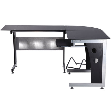 L-förmiger Schreibtisch, schwarzes Glas, 164x139x75 cm, bereit für das Heimbüro
