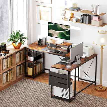 L-vormig bureau 168 x 120 cm hoekbureau met opbergvakken, opbergtas, omkeerbaar computerbureau met monitorstandaard, speeltafel voor kantoor, thuiskantoor, rustiek bruin Aosom