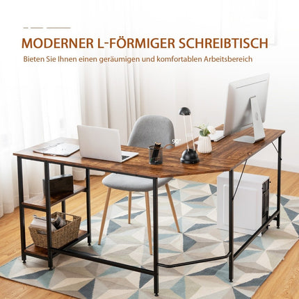 L-förmiger Schreibtisch Homeoffice Schreibtisch mit 2 Ablagen 138 x 138 x 75,5 cm Kaffeebraun + Schwarz