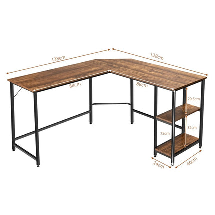 L-förmiger Schreibtisch Homeoffice Schreibtisch mit 2 Ablagen 138 x 138 x 75,5 cm Kaffeebraun + Schwarz