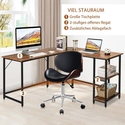 L-förmiger Schreibtisch Homeoffice Schreibtisch mit 2 Ablagen 138 x 138 x 75,5 cm Kaffeebraun + Schwarz