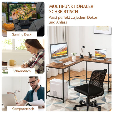 L-förmiger Schreibtisch Homeoffice Schreibtisch mit 2 Ablagen 138 x 138 x 75,5 cm Kaffeebraun + Schwarz