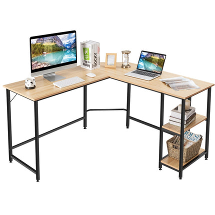 Psací stůl do L pro home office se 2 policemi 138 x 60 x 75 cm přírodní
