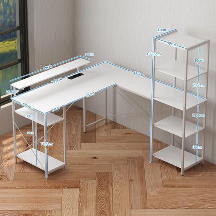 L-shaped desk with charging station, corner computer desk with monitor stand and shelves, for home office, office, white