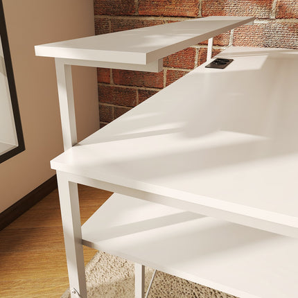L-shaped desk with charging station, corner computer desk with monitor stand and shelves, for home office, office, white