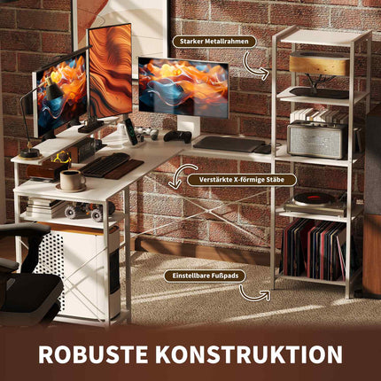 L-shaped desk with charging station, corner computer desk with monitor stand and shelves, for home office, office, white