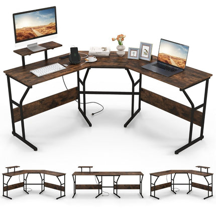 L-shaped desk with power outlet &amp; Movable monitor stand corner computer table brown
