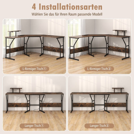 L-shaped desk with power outlet &amp; Movable monitor stand corner computer table brown