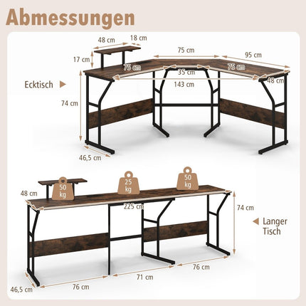 L-shaped desk with power outlet &amp; Movable monitor stand corner computer table brown