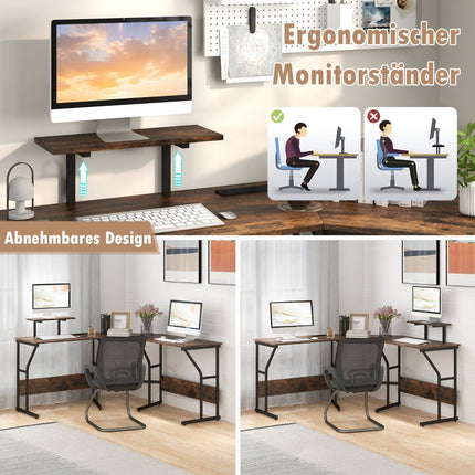 L-shaped desk with power outlet &amp; Movable monitor stand corner computer table brown