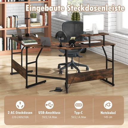 L-shaped desk with power outlet &amp; Movable monitor stand corner computer table brown