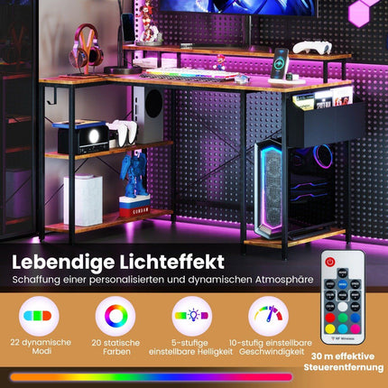 L-förmiger Schreibtisch mit Steckdosen und LED-Beleuchtung Gaming-Computertisch Rustikales Braun