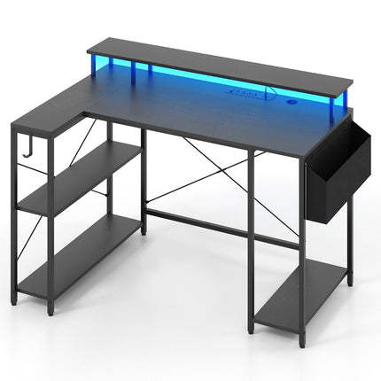L-shaped desk with power outlets &amp; LED lighting gaming computer desk black
