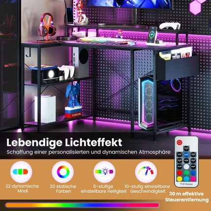 L-shaped desk with power outlets &amp; LED lighting gaming computer desk black