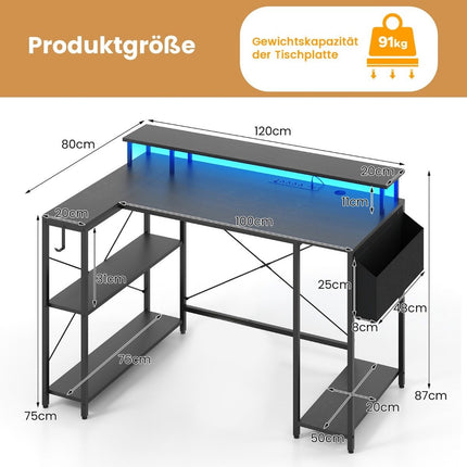L-shaped desk with power outlets &amp; LED lighting gaming computer desk black