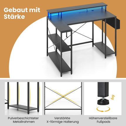 L-shaped desk with power outlets &amp; LED lighting gaming computer desk black