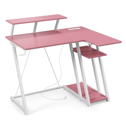 L-shaped gaming desk with power outlets &amp; USB ports with monitor shelf computer desk - pink