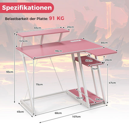 L-shaped gaming desk with power outlets &amp; USB ports with monitor shelf computer desk - pink