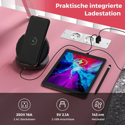 L-shaped gaming desk with power outlets &amp; USB ports with monitor shelf computer desk - pink