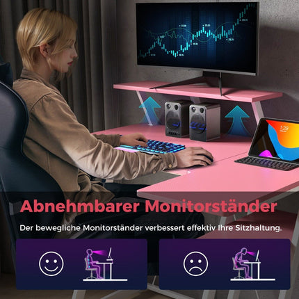 L-shaped gaming desk with power outlets &amp; USB ports with monitor shelf computer desk - pink